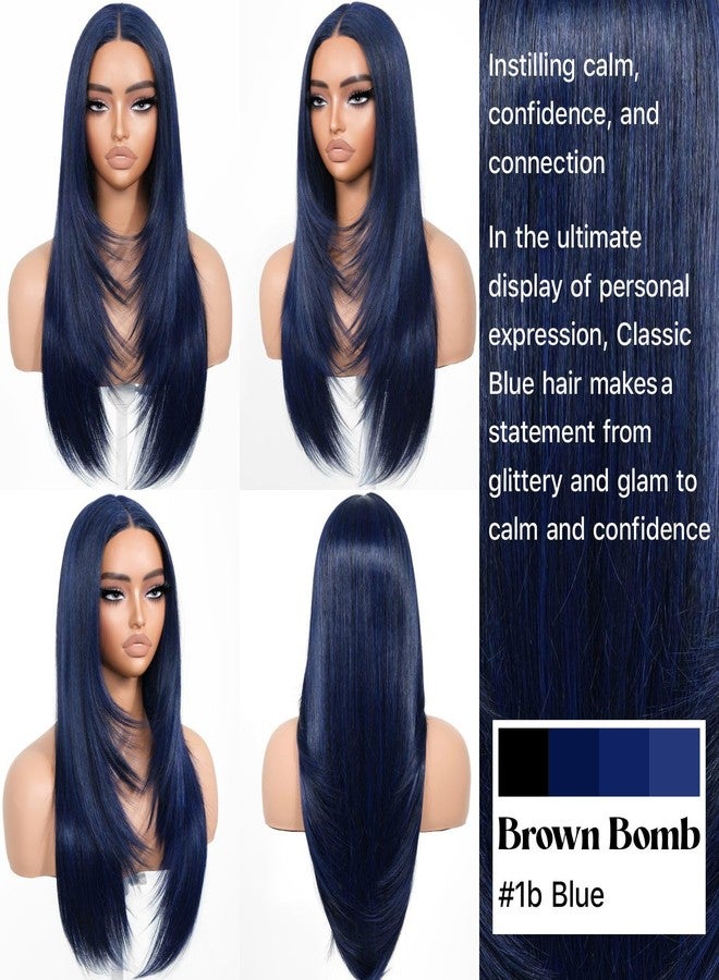 BrownBomb Dark Blue Wear and Go Glueless Wigs Pre Plucked Pre Cut for Beginners Synthetic Lace Front Wig for Woman Long layered Straight Wigs with Bangs 26 Inch 3 Seconds to Wear for Beginners - Image 3